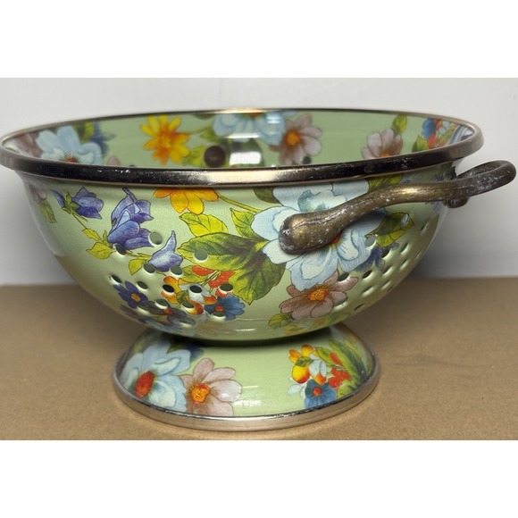 Makenzie Childs Green Flower Market Colander Small Floral Cottage - Picture 3 of 12